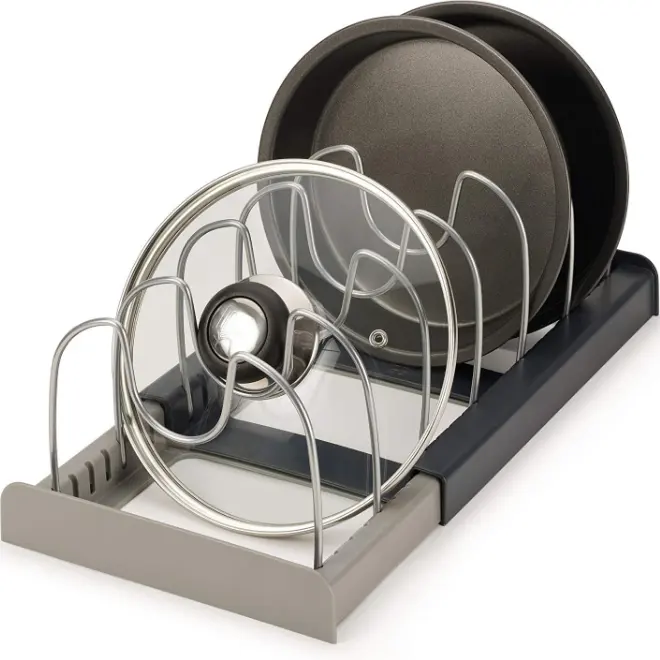 Organizador de ollas y sartenes extensible, organizador para armario, soporte de tapa de olla con 6 compartimentos ajustables, estante de utensilios de cocina