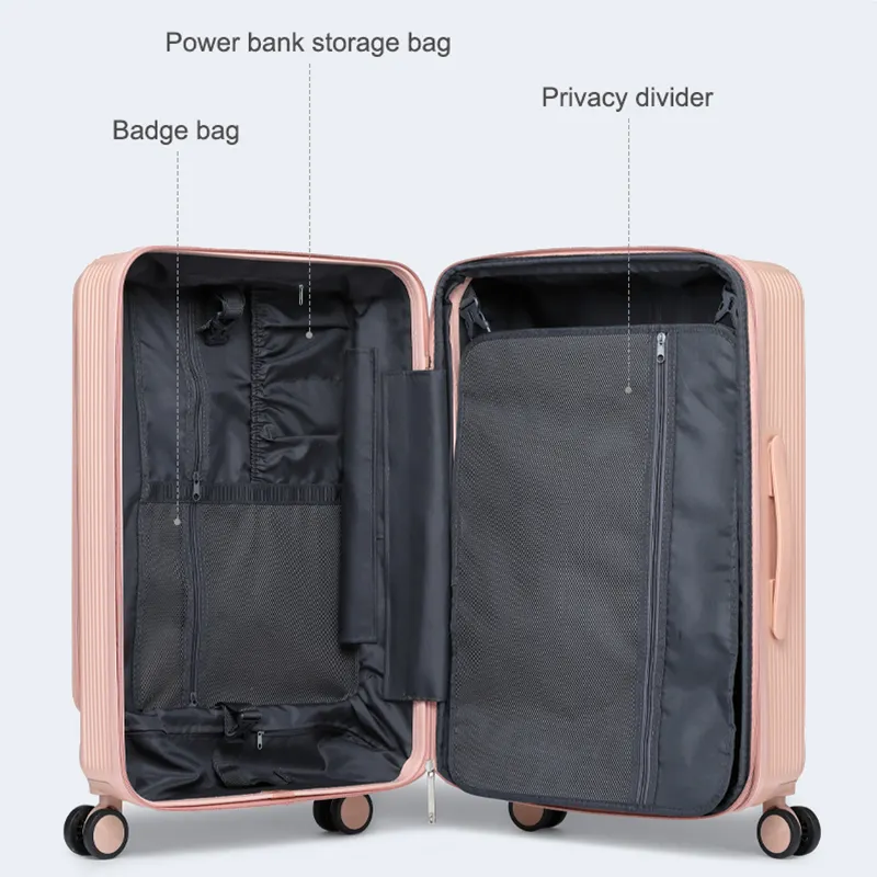 Koper perjalanan kustom grosir dengan Port pengisi daya USB dan roda putar dapat diperbesar kopor koper Koffer