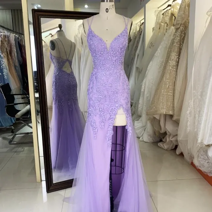 Flower embroidery womens clothing mermaid formal lavender evening elegant prom dresses 2025