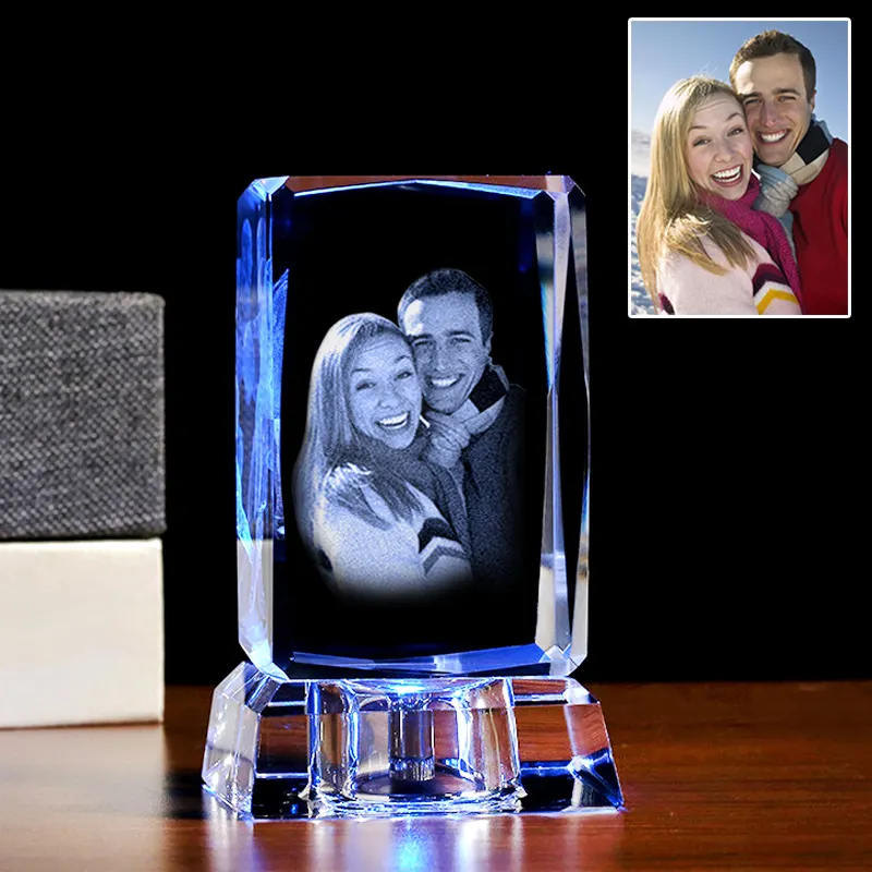 Cubo de cristal cuadrado con imagen personalizada, base de luz de grabado láser para cubo de cristal