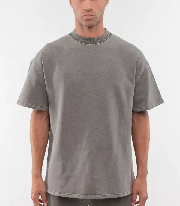 יוקרה עיצוב כבד כותנה גברים חולצה באיכות גבוהה ריק בציר לוגו גדול מותאם מוק צוואר במשקל כבד חולצה