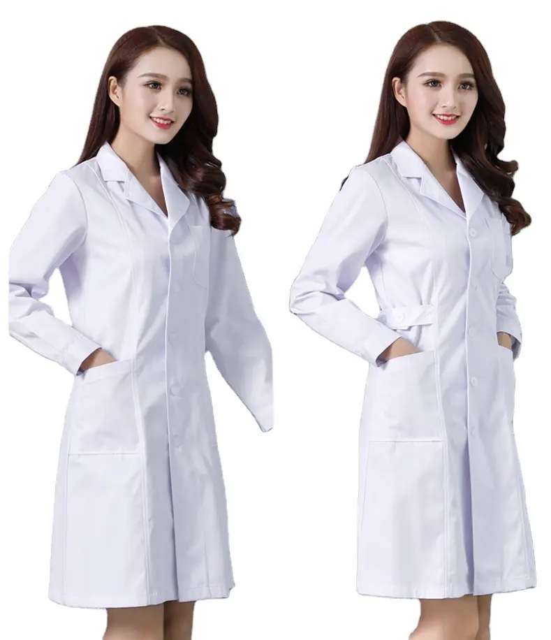 Mulher Workwear Robe Scrubs Vestido Farmacêutico Jaqueta Clínica Vestido Branco Salão De Beleza Spa Casaco De Laboratório Enfermeira Uniforme