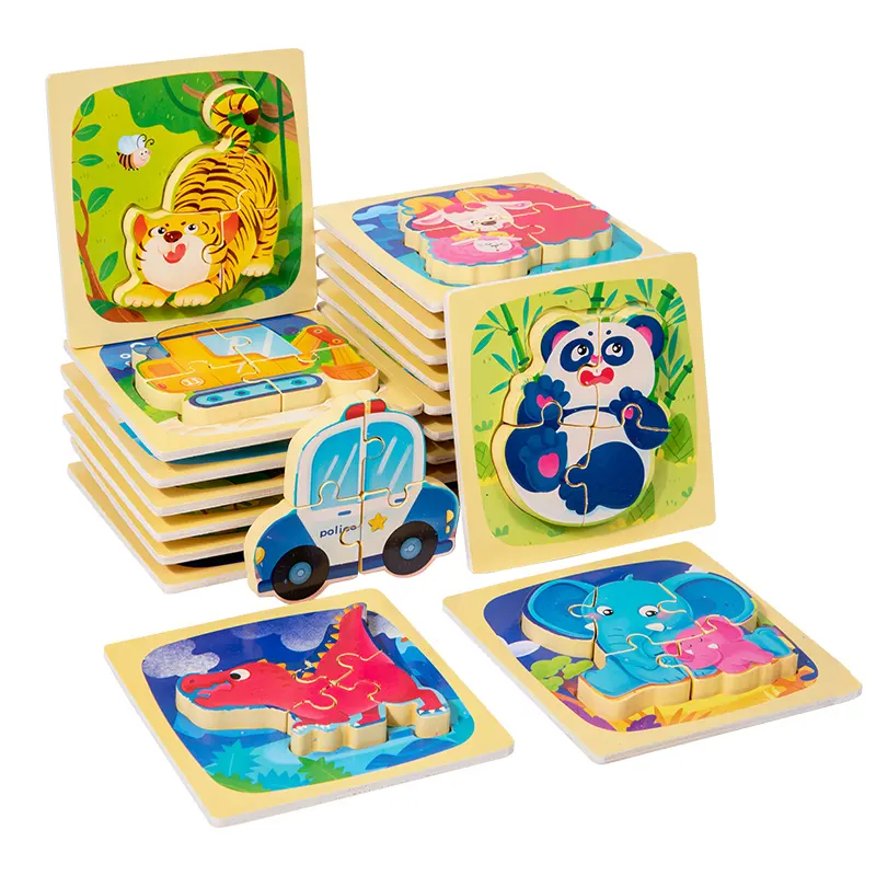 Popular Wooden Educational Toy Cartoon Puzzles Colorful Shape Matching Toy Children Wooden 3D Jigsaw Puzzles