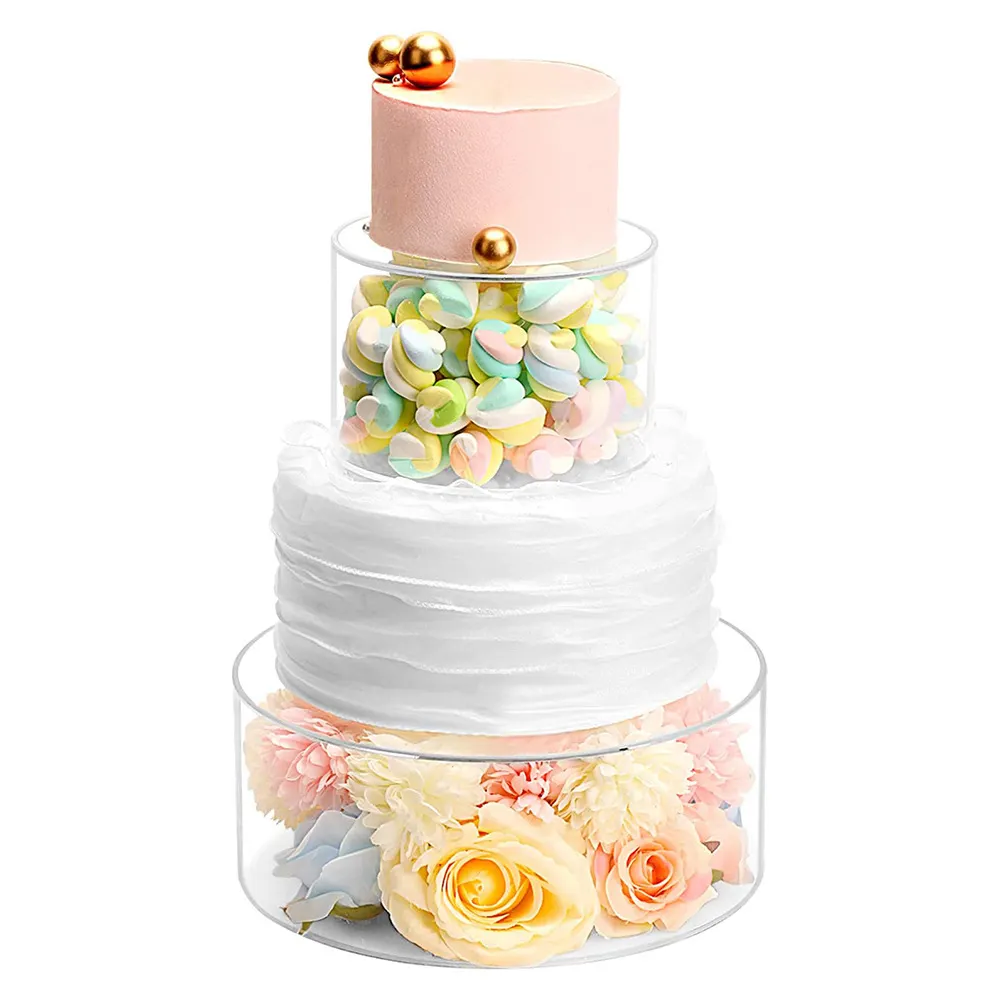 Il più nuovo espositore per dolci rotondo in acrilico espositore per torte espositore per torte riempibile trasparente separatore per torte per decorazioni per feste di compleanno di nozze