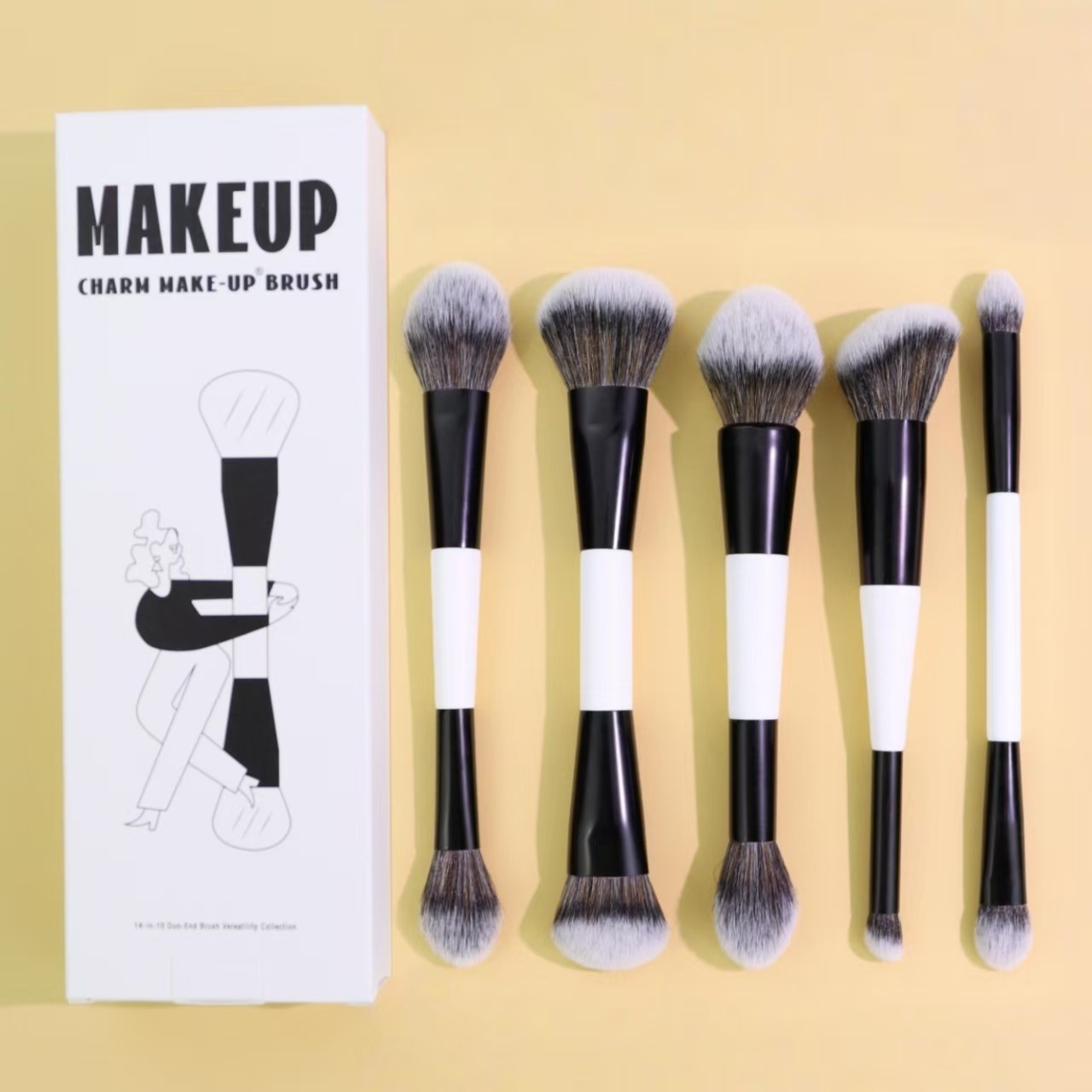 Lot de 5 pinceaux à double tête, manche blanc, fleur blanche, tête blanche