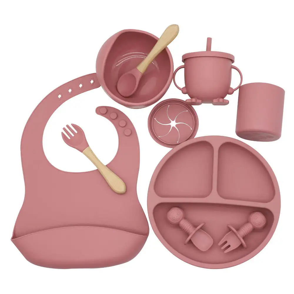 Nouveau Vaisselle en silicone pour bébé sans Bpa Ensemble de nourriture Vaisselle pour enfants Bavoir en silicone Bols à succion pour aliments Tasse Assiette pour enfants Tout-petits