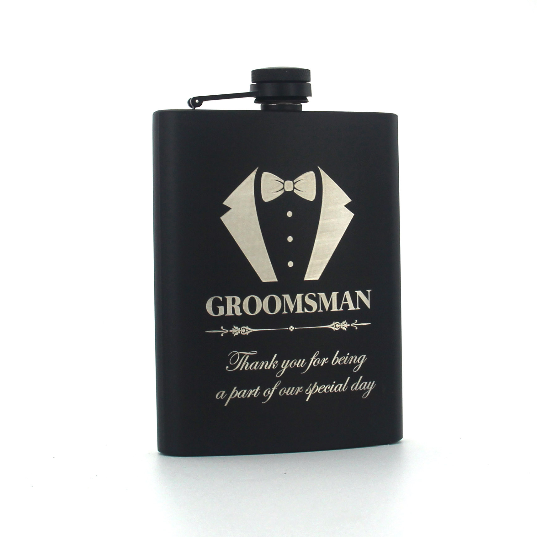 Bouteille de vin 8oz entièrement noire, motif floral "Groomsman".