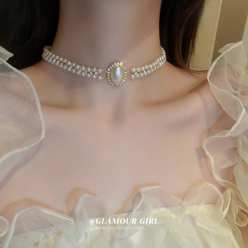 4diamond-studded pearl oval double-layer necklace