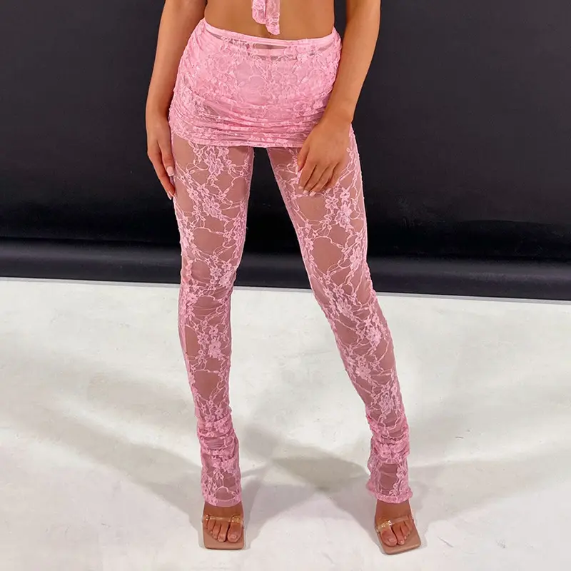 Nuevas llegadas 2024 boutique Hot sexy Club wear lindo Rosa damas Pantalones de mujer de encaje