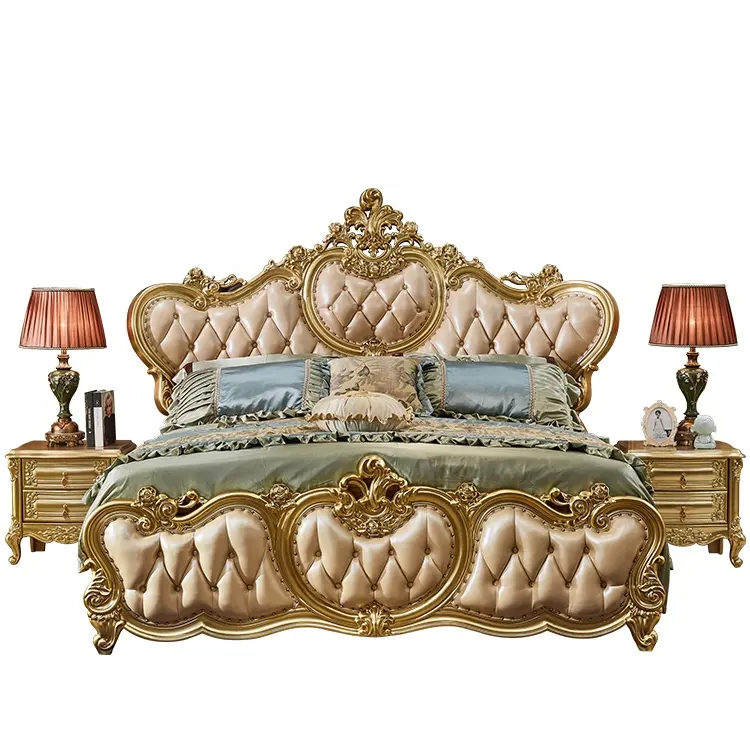 CBM-Juego de cama de madera de tamaño King, Estilo Vintage, decorado en oro antiguo