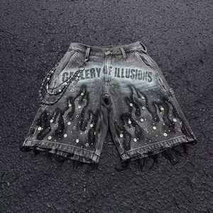 กางเกงยีนส์ขาสั้นสำหรับผู้ชายสีดำประดับเพชรสไตล์ Y2K วินเทจประดับคริสตัลน่ารักถักสีตามสั่งผู้ผลิต - Product Image 3