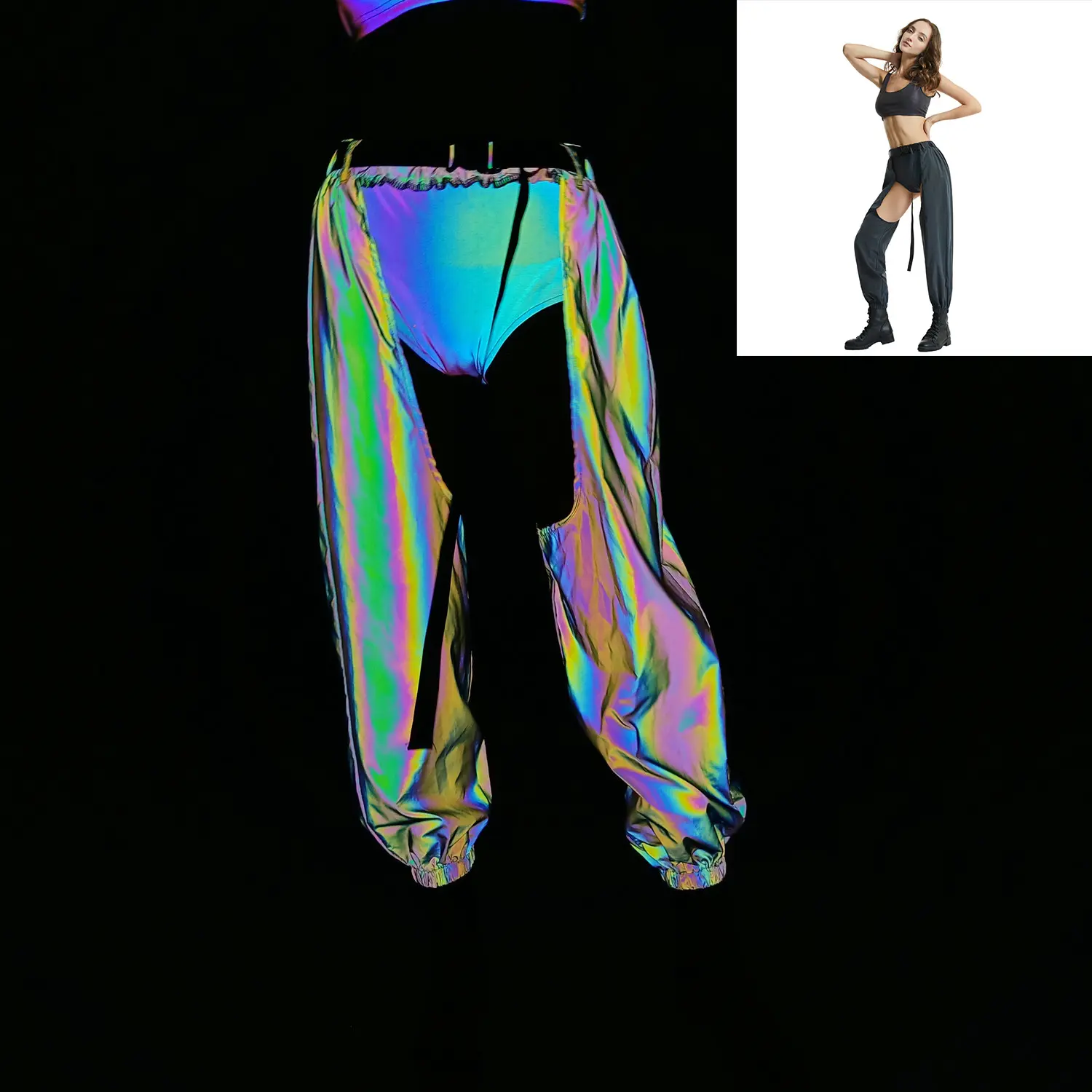 European America customized modern rainbow color reflective holographic women casual open-seat pants club performance costume