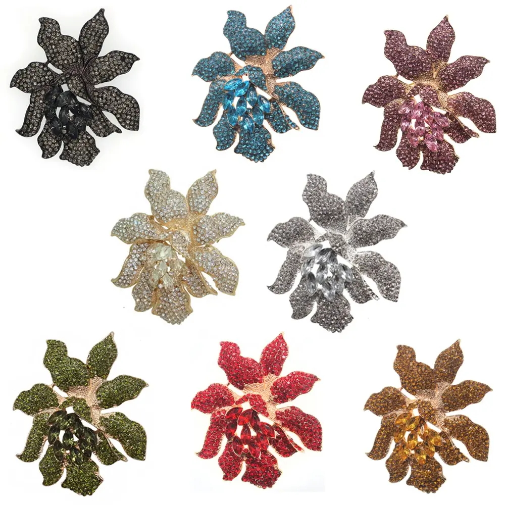 Broches de orquídea, joias de cristal da moda, com strass, broche de flor para mulheres, presente para moças