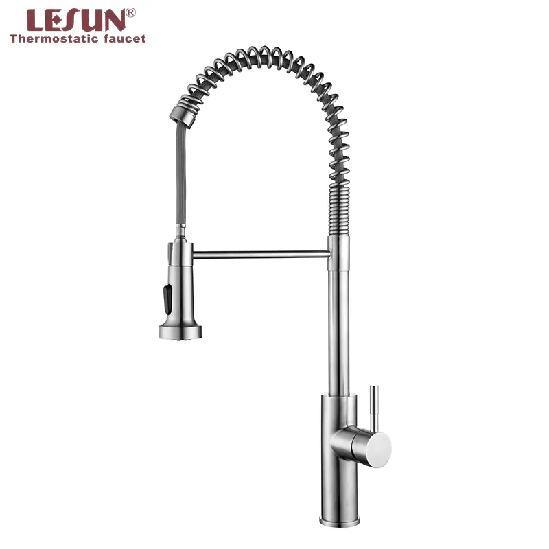 Commercial Brushed Nickel Single Lever Single Handle Stainless Steel Rotatable Pull Down Sprayer Spring Kitchen Sink Faucet