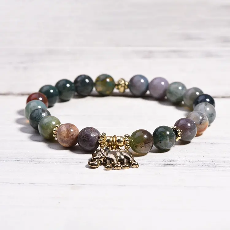 Natural Stone Gemstone Beads Healing Crystal Stretch Indian Agate Elephant Charm Bracelet Yoga Bracelet for Men Women Bangles