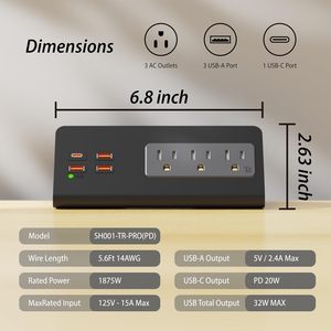 带usb-c端口的床头柜边缘安装电源板桌面电涌保护器台式夹具电源插座，带3个交流插座4个USB - Product Image 4