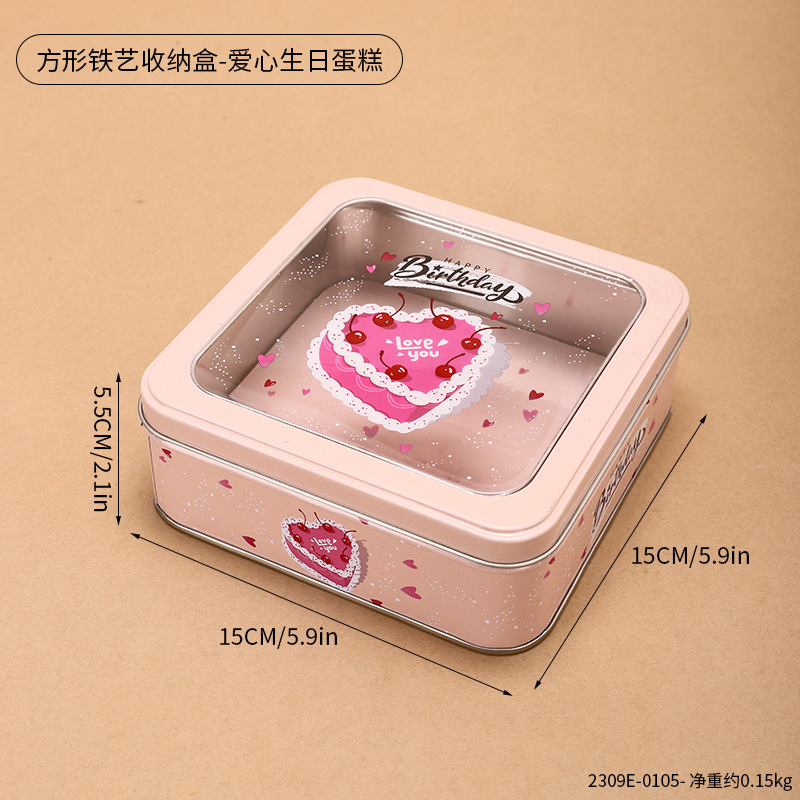 2309E-0105--Caja de almacenamiento de hierro cuadrada - Pastel de cumpleaños en forma de corazón