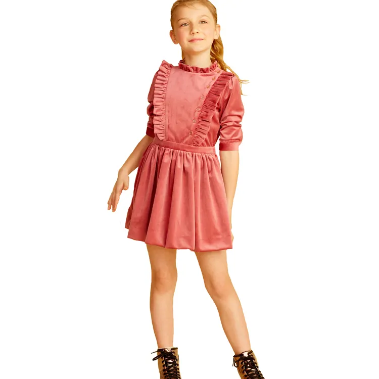 Vestido de terciopelo con volantes y mangas de codo para niña, vestidos de moda para niña con botones delanteros