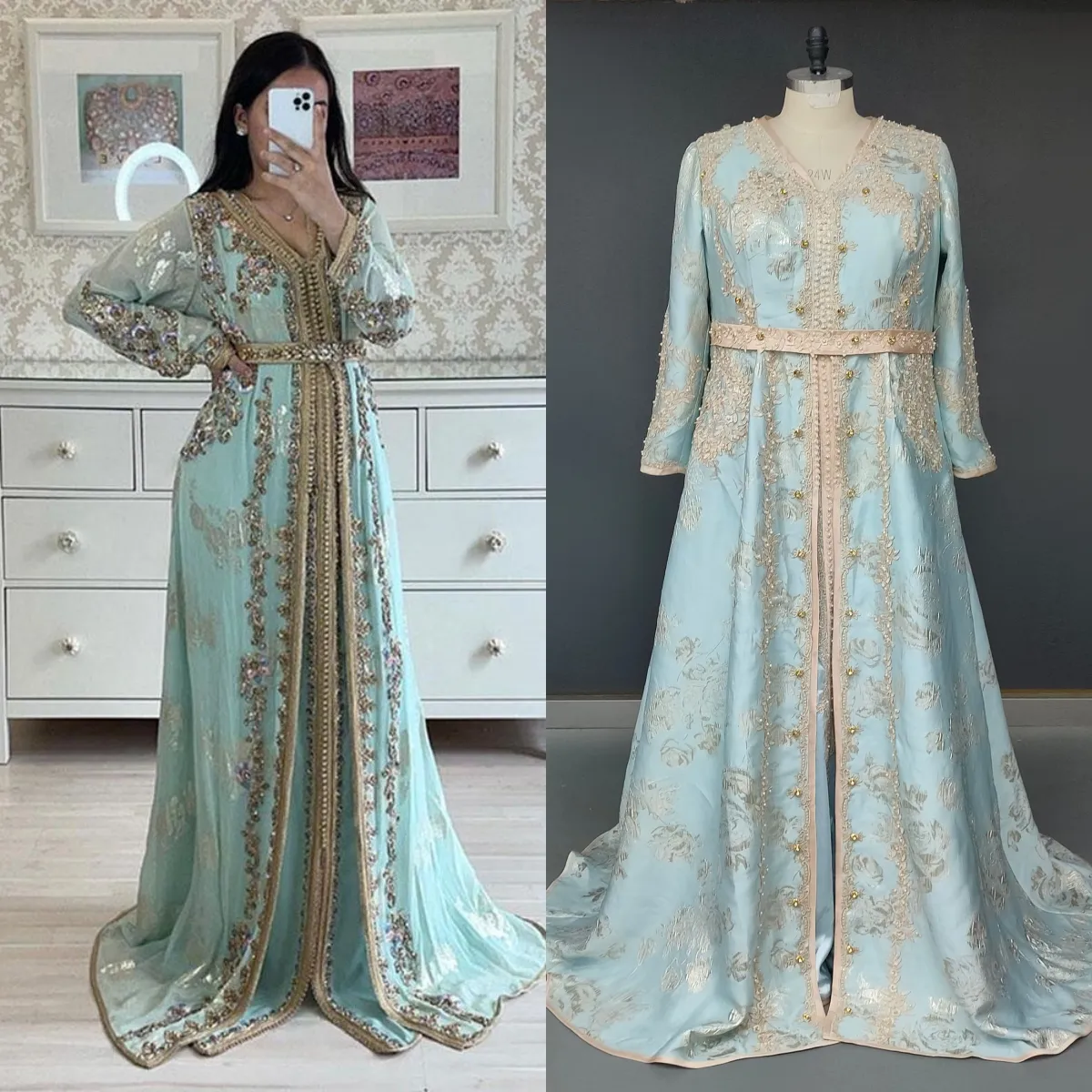 Robe de soirée en dentelle dorée, col en v, manches longues, Appliques de dentelle, caftan musulman marocain, dubaï arabie saoudite, 14630 #