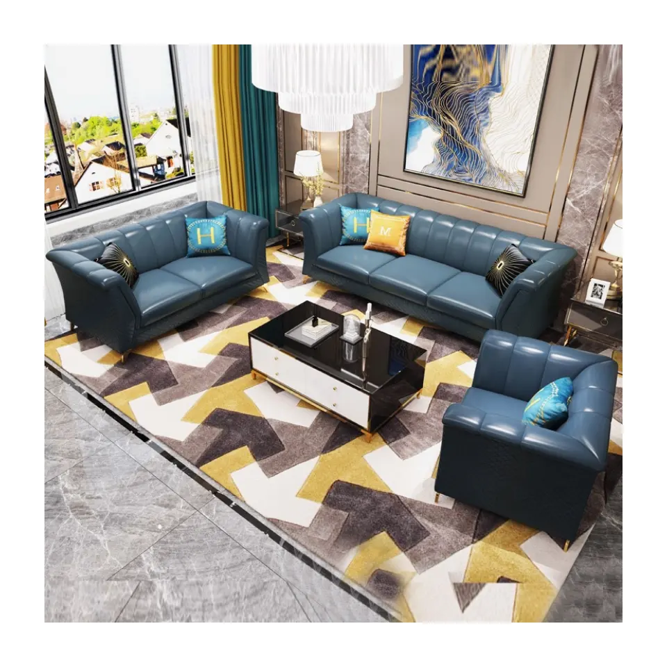 Sofá de couro genuíno personalizado, conjunto de sofás de luxo para sala de estar, sofá de couro de 7 lugares com bom design