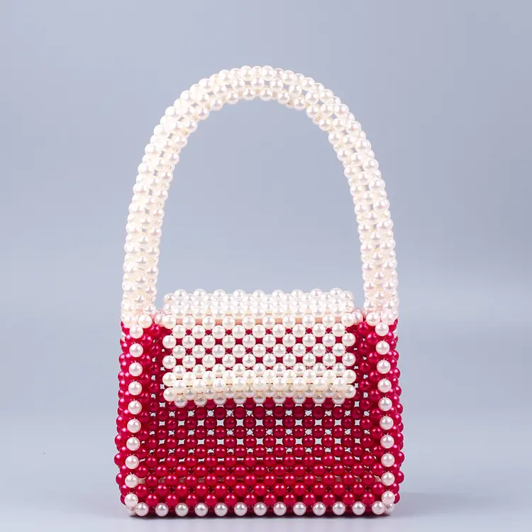 Bolso de cuentas de perlas de patchwork rojo nuevo tejido a mano a la moda