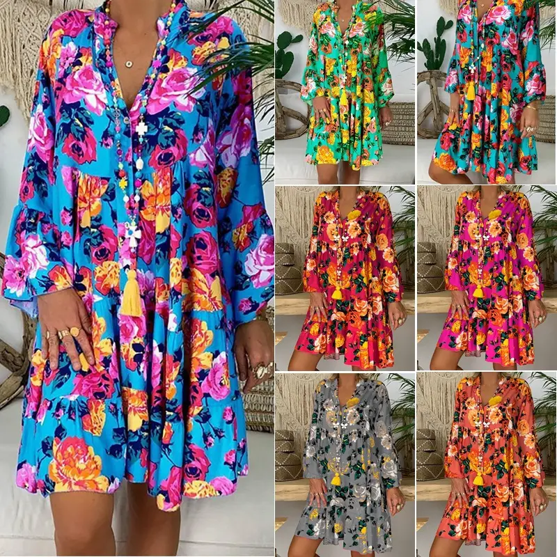 Mini Party Tropical Tunic Dress Women Loose 5XL Summer Elegant Boho Long Sleeve Maxi Shirts Dress Flower Floral Beach Dresses