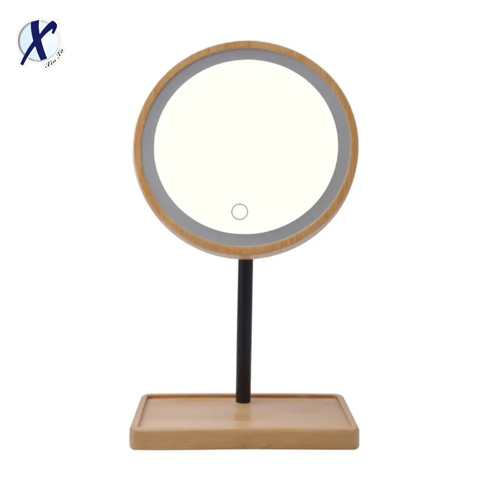 Logotipo personalizable Base de bambú Mesa de tocador de madera Espejo luces Led Espejo para maquillaje