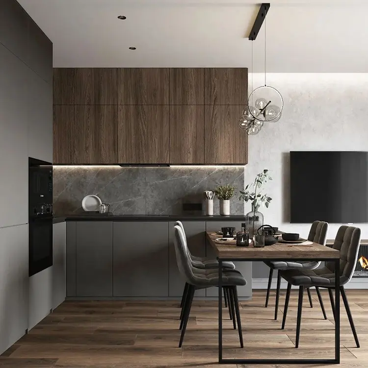 China Customized High Quality Gray Gloss L Shaped Modern Plywood Kitchen Cabinet Set
