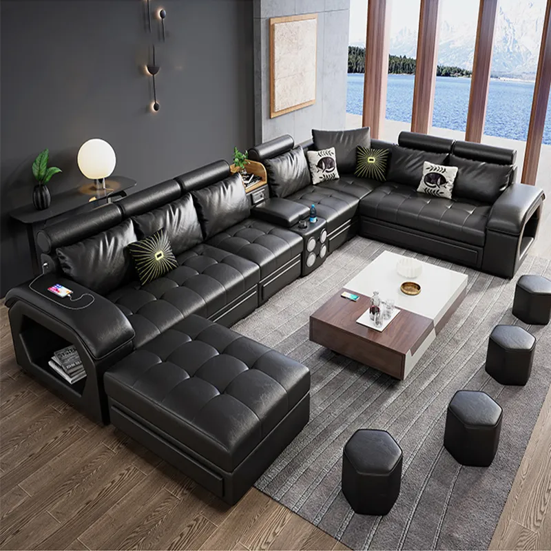 Maison moderne salon meubles canapés ensemble cuir tissu u forme salon sectionnel canapés inclinables avec haut-parleur de musique USB