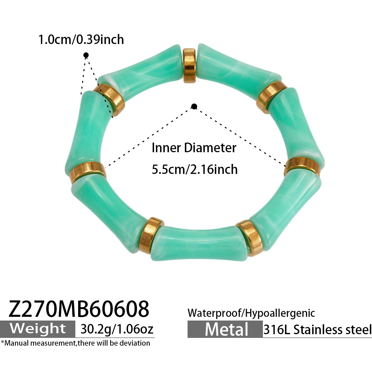 Z270-pulsera de resina verde claro dorado