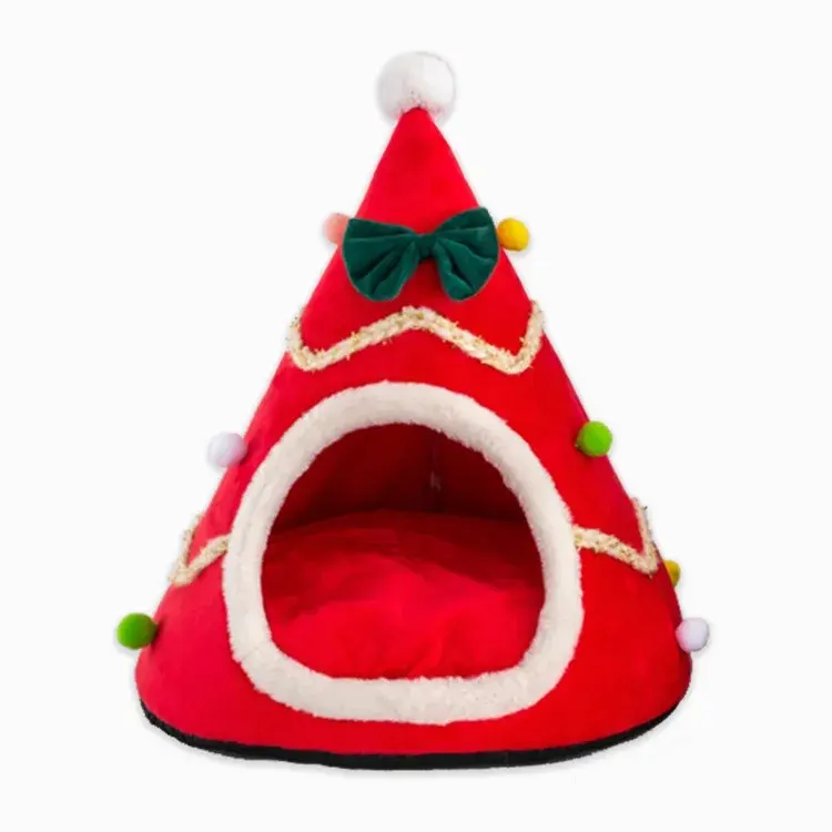 Christmas Cat Nest Warm Pet Bed Tent Christmas Hat Shaped Dog Nest Kennel