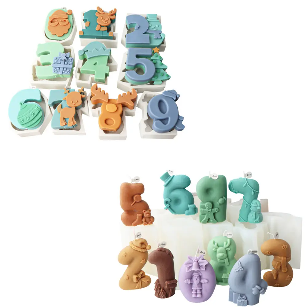 0-9 Número de Navidad silicona Sugarcraft molde 3D juguete ladrillos números código numérico vela molde cumpleaños Digital pastel decoraciones