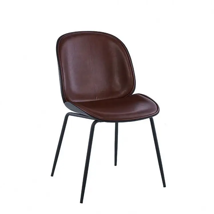 French Simple Style Contemporary Home Coffee Chair Beetle PU Leather Dining Chairs with Metal Legs