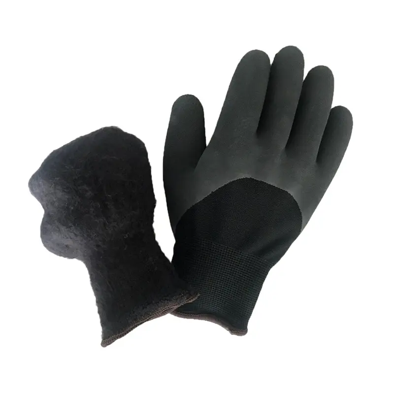 Double Layer 15gauge nylon outside with acrylic fleece inside coated sandy nitrile winter gloves