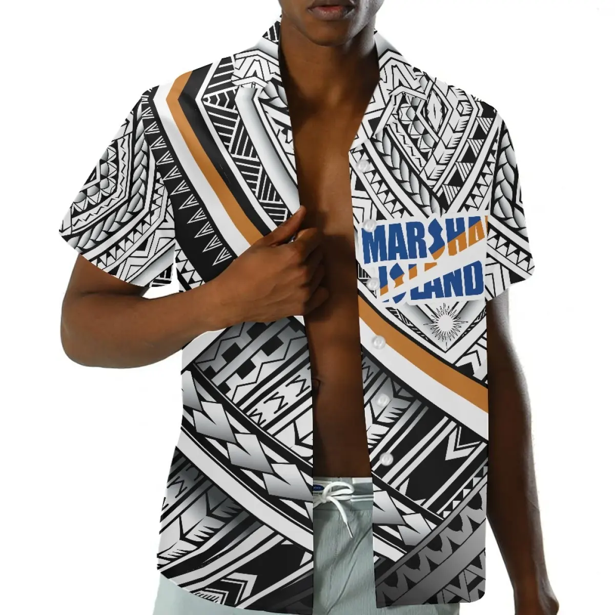 เสื้อฮาวายแขนสั้นสำหรับผู้ชายเสื้อคอปกกระดุมแบบมีกระดุมลายเกาะมาร์แชลสำหรับวันหยุดฤดูร้อน