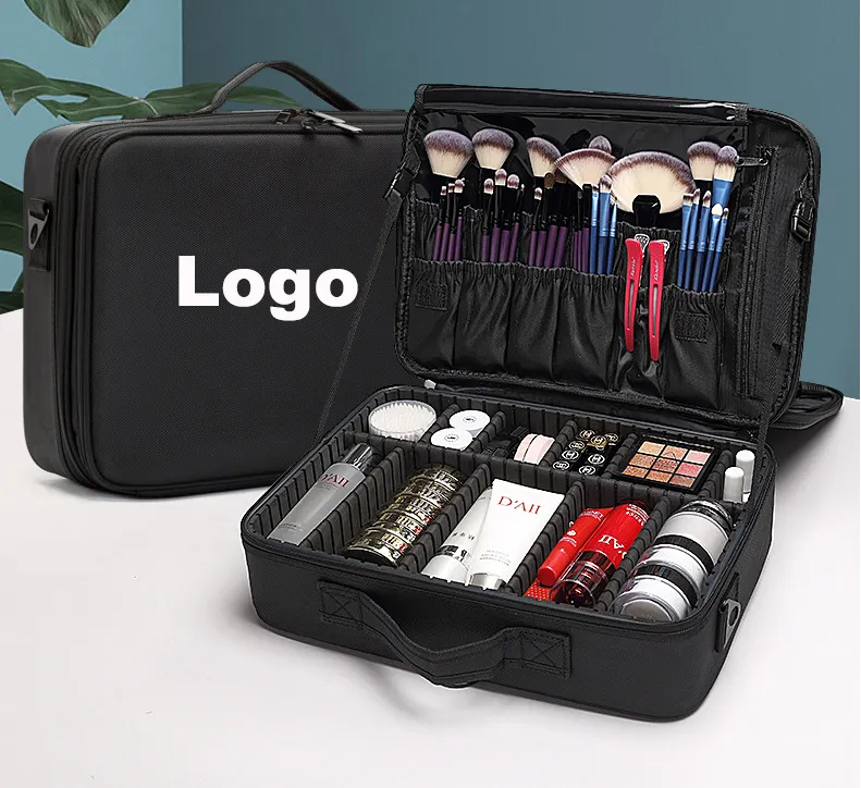 Borsa per il trucco portatile 3 strati Giant Travel Large Cosmetics Organizer Bag Case divisori regolabili Train Case Make Up Bags