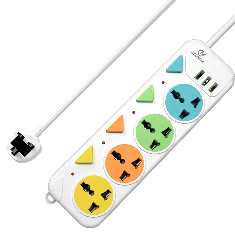 Câble d'extension coloré 5 v 2M 4 sorties, multi-prises et prise de bureau, barre d'alimentation standard universelle avec 3 ports usb