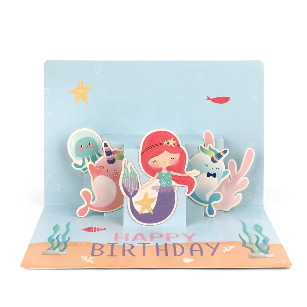 I migliori auguri di fantasia stampati personalizzati piegati 3D Pop-up sirena auguri di buon compleanno con buste produttore