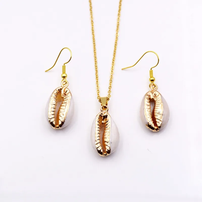 Choker kalung anting-anting Set emas grosir Hawaii Bead Shell mutiara perhiasan modis berlapis alami kerang liontin untuk wanita