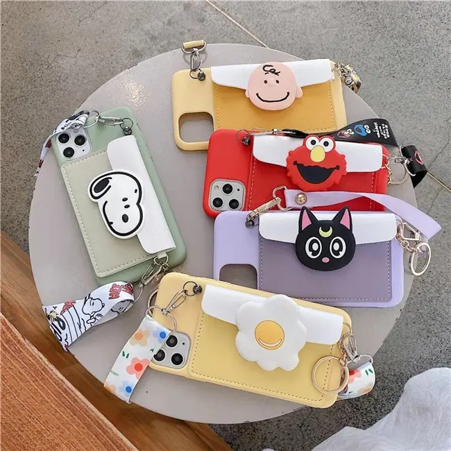 3D Cartoon Leuke Anime Lederen Portemonnee Riem Zachte Telefoon Case Voor Iphone 11 Pro Max Xr Xs 7 8 Plus voor Samsung S9 S10