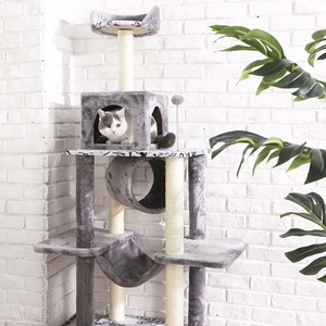 ペット猫製品背の高いモダンな木製の灰色の床から天井までのマルチレベルの猫の塔木製の猫の木