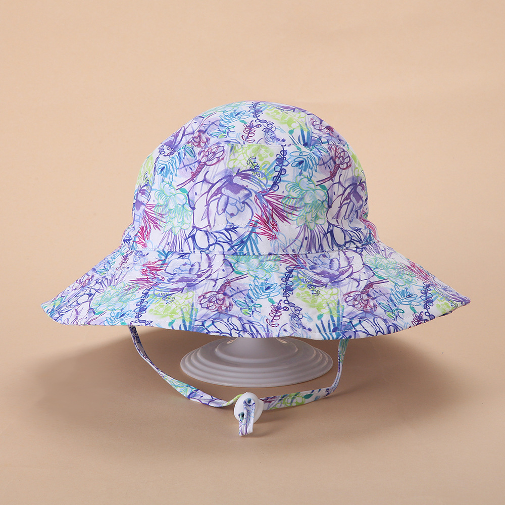 Purple flowers Adjustable Wide Brim Baby bucket hat Beach Hat