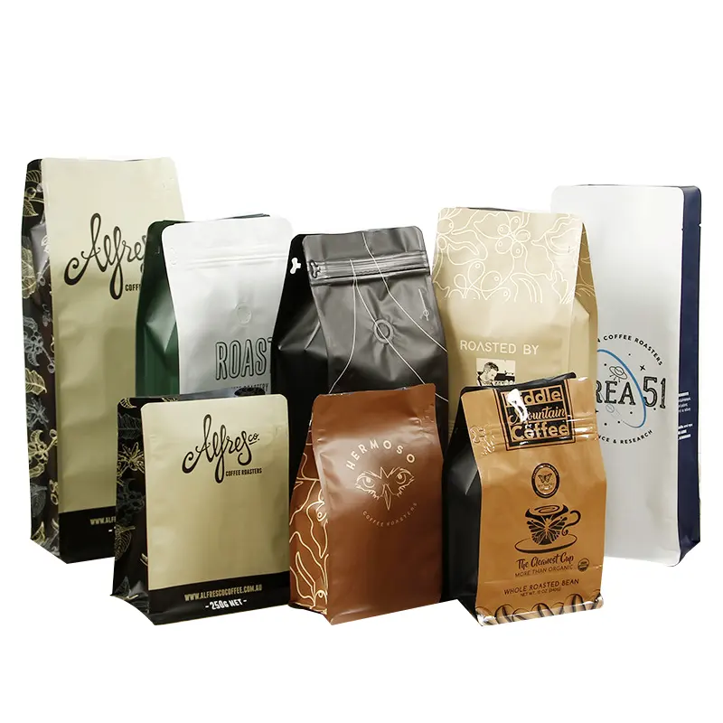 Sacs de café à fond plat de 12 oz avec logo imprimé personnalisé de café refermable en plastique 250g sac d'emballage sous vide pour sandwich alimentaire de 12 oz 5lb