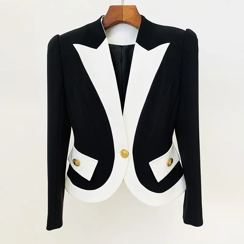 A8753 New Arrivals Long Sleeve Lapel Black and White Contrast Color Waisted Ladies Jacket Women Short Coat