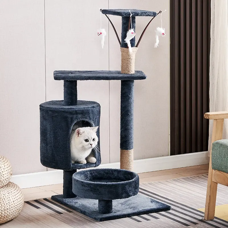 Columna de agarre de cuerda de sisal serie de franela de madera, interior multicapa con juguetes gato árbol de lujo