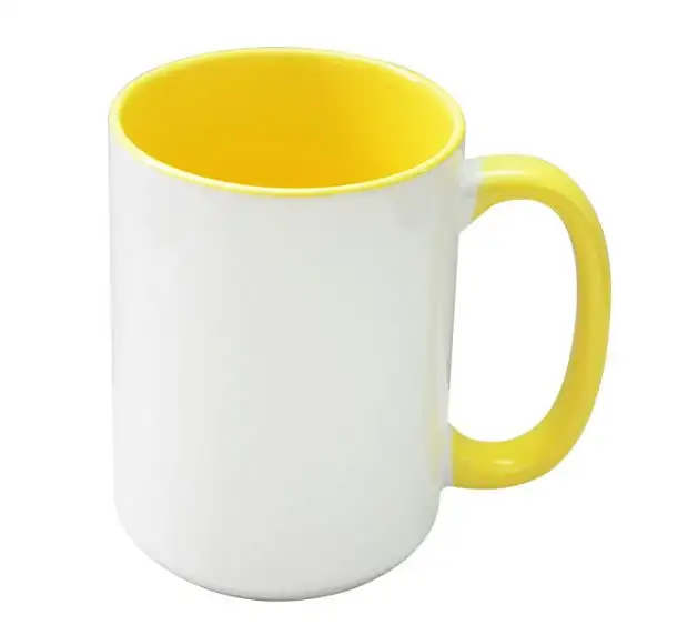 Caneca interna e borda 15oz diy, caneca de cerâmica de cor amarela, caneca branca de subolmação