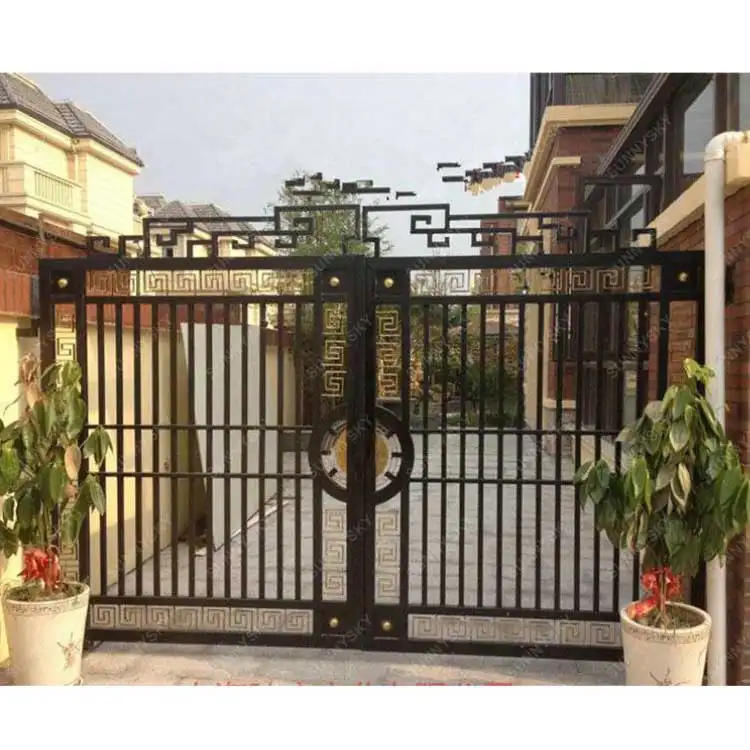Puertas de entrada principal residenciales de hierro forjado personalizadas Sunnysky/diseños de puerta principal de hierro/fábrica de puertas corredizas de metal de aluminio