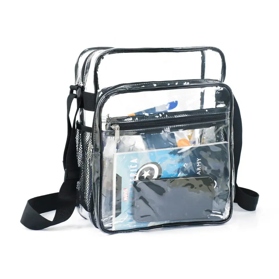 Custom Transparent Crossbody Bag Pvc Zipper Messenger Bag Duffle Shoulder Strap Clear Stadium Bag with Handle for Packaging