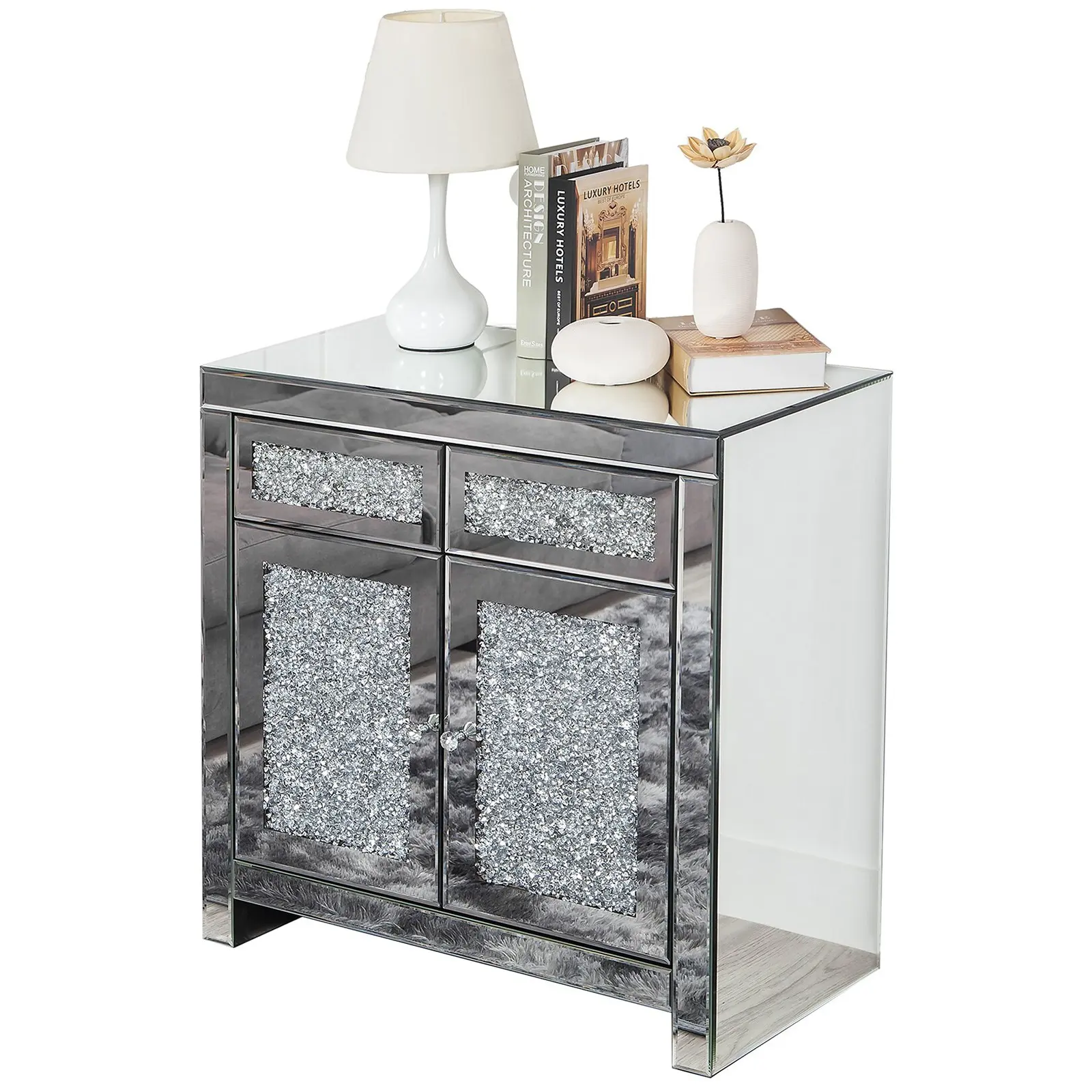 Lujo aplastado diamante cristal espejado 2 puertas 2 cajones buffet gabinete aparador