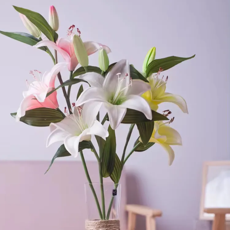 Venta al por mayor lirios de seda artificiales impresión 3D ramo tacto Real flor artificial blanco rosa lirio para la decoración de la boda del hogar